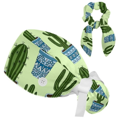 

Working Cap with Buttons and Sweatband Scrub Hat Bouffant Caps with Scrunchie Cactus Tie Back Hats