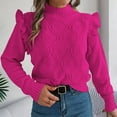 thumbnail image 4 of Htigea Women's Mock Neck Sweaters Ruffle Trim Long Sleeve Pullover Cable Knit Jumpers Fall Winter Base Layer Tops for Teen Girls Hot Pink XL, 4 of 8