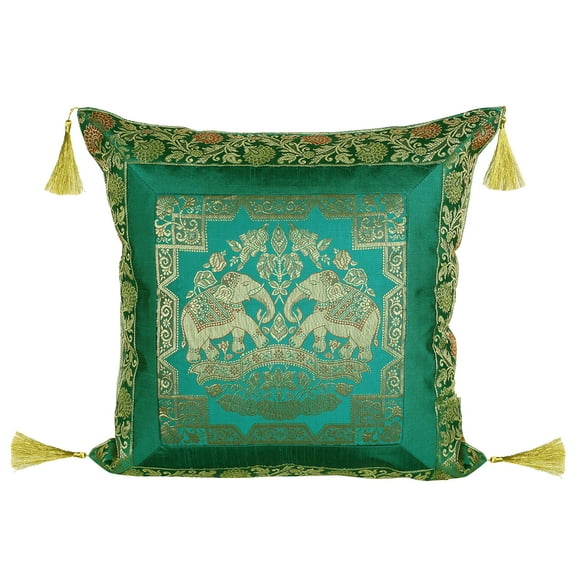 Stylo Culture Indian Brocade Living Room Throw Pillow Sham Cover Emerald Green Gold 18x18 Jacquard Tassels Sofa Cushion Cover 45 x 45 cm Polydupion Silk Zippered Elephant Pillow Case | 1 Pc