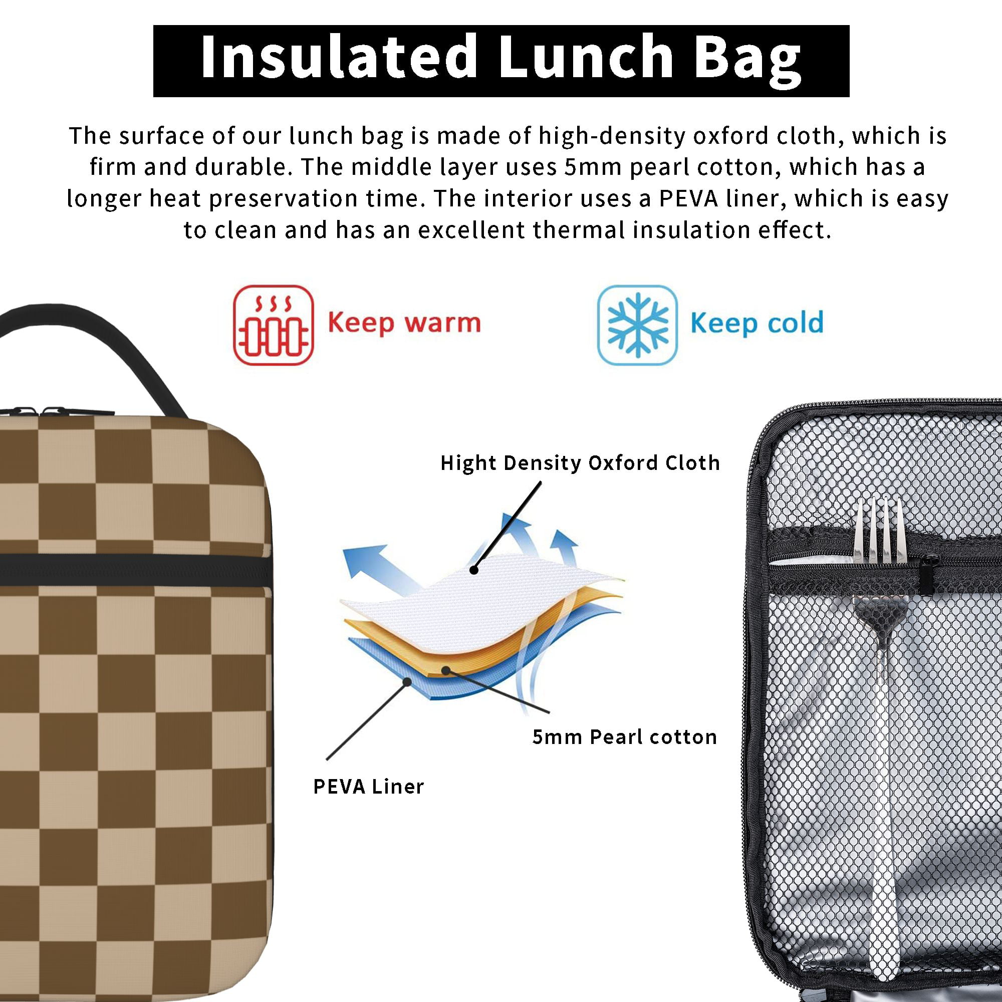 TEQUAN Portable Lunch Bag, Checkerboard Brown Pattern Reusable Insulated Lunch  Box for Travel Work School Picnic 