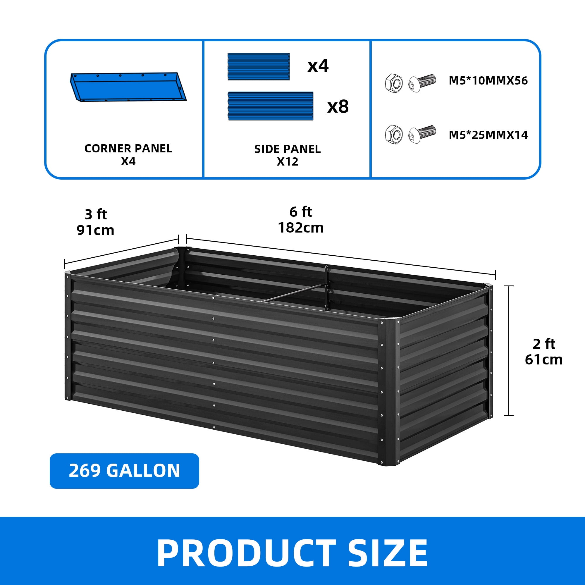 Uforic 6x3x2 ft Galvanized Raised Garden Bed Kit, Black Metal Planter Box with Gloves, Ground Nails & Support Rod, Outdoor Above Ground Planter for Vegetables, Flowers, Plants