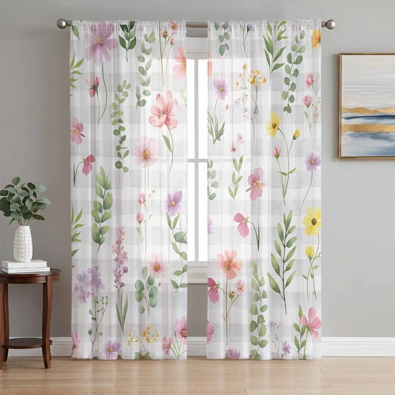 Pink Spring Floral Sheer Curtains 63 Inch Length 2 Panels Set Window Treatments, Flowers Botanical Elegant Grey Checkered Rod Pocket Semi Curtains for Living Room/Bedroom/Kitchen Décor, 104"W x 63"L