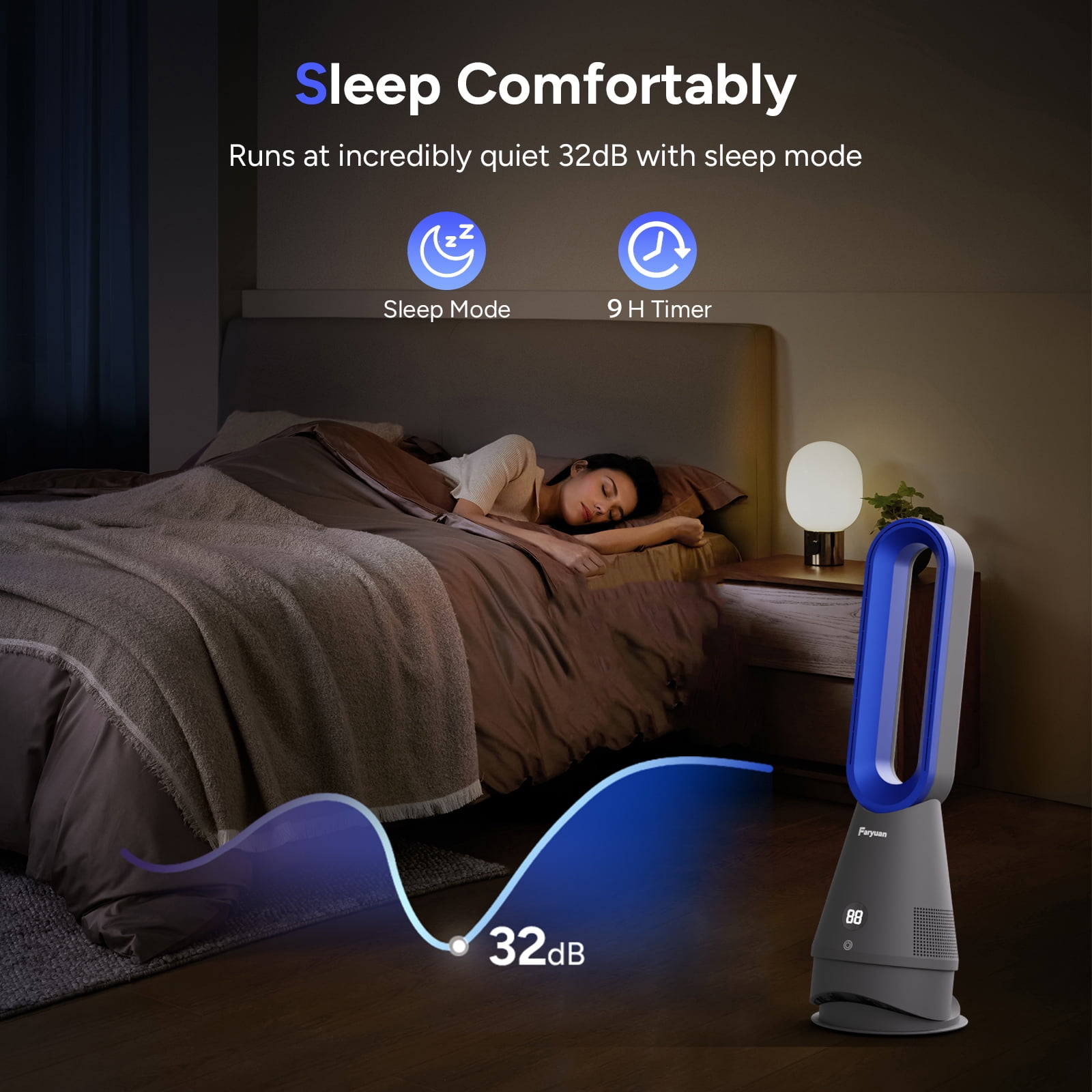 Faryuan 3-in-1 Bladeless Tower Fan & Space Heater with Filter, 80° Oscillating 10-Speed Cooling Fan with Remote, 9H Timer for Large Room, Blue