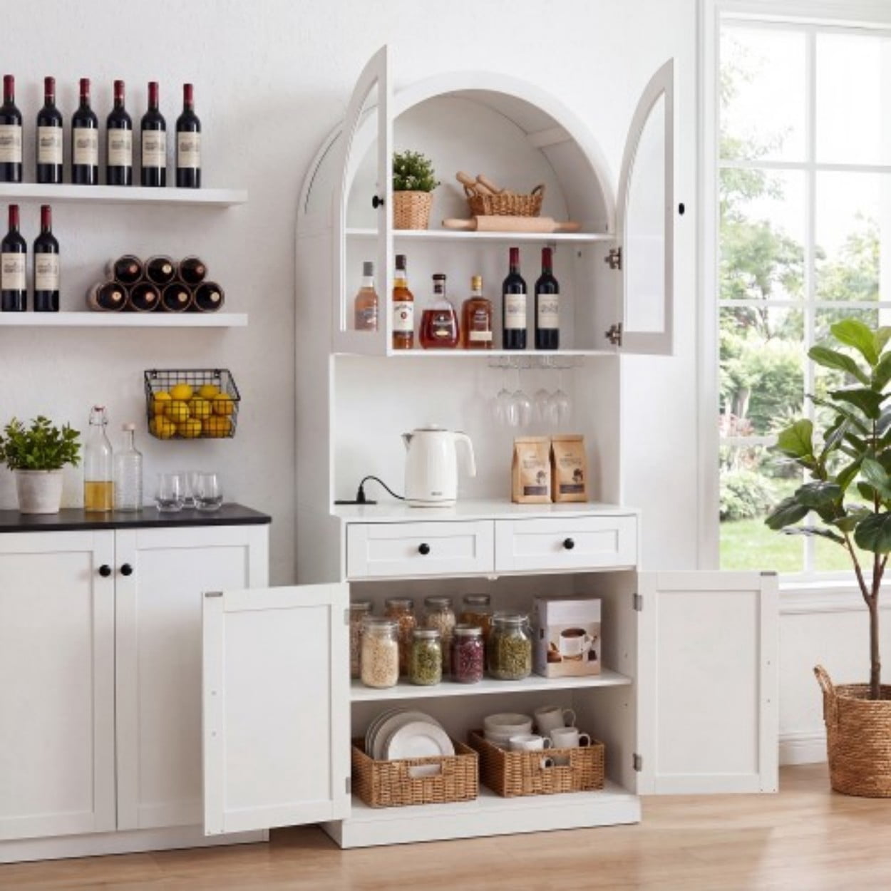 75" Farmhouse Tall Arched Pantry Cabinet with Charging Station, Coffee Bar Countertop, Adjustable Shelves & Drawer, Freestanding Kitchen Storage Cabinet for Dining Room Living Room, White