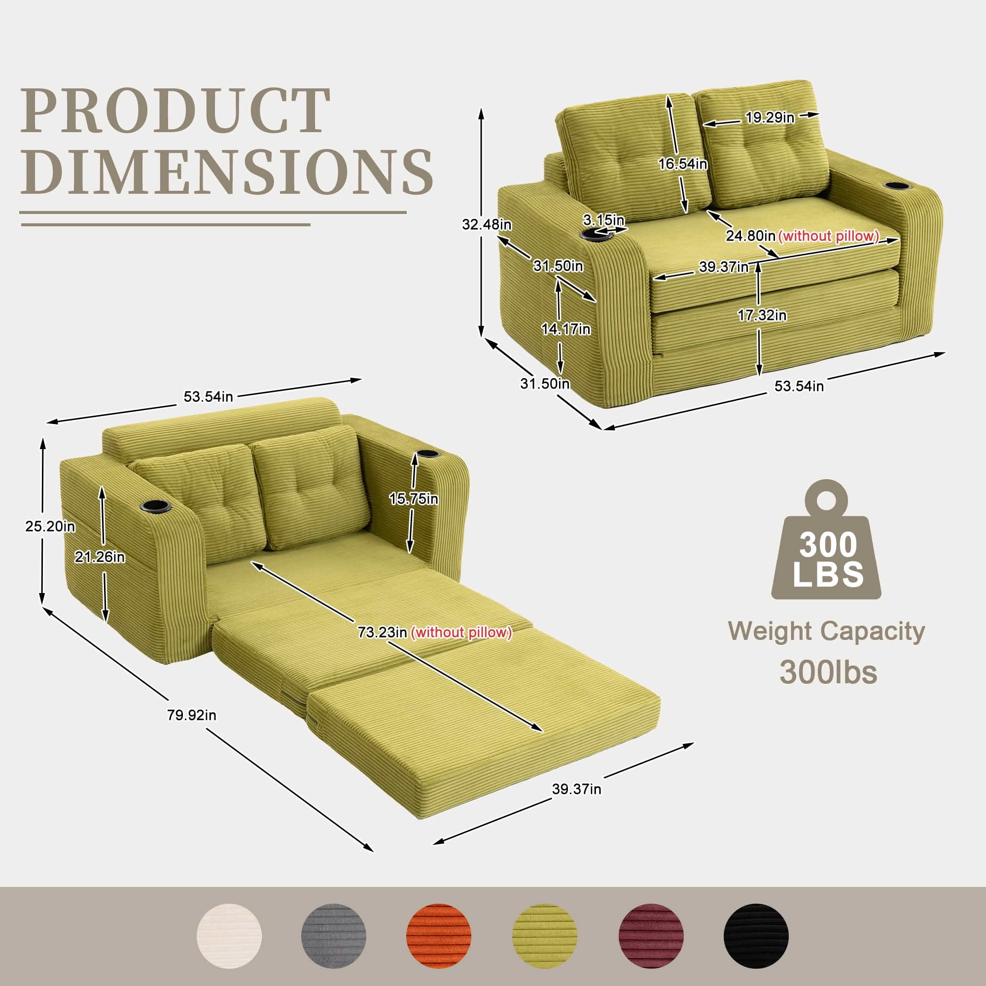 MAYEERTY 2-in-1 Convertible Expandable Sofa Bed, Fold Out Corduroy Floor Couch with Pillows, Side Pockets & Cup Holders for Bedroom Small Living Room