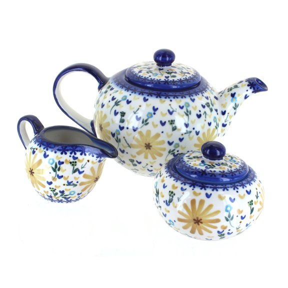 Blue Rose Polish Pottery Yellow Daisy 3 Piece Tea Set