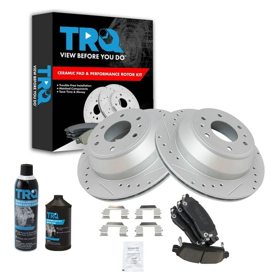 TRQ Rotor & Brake Pad Ceramic Performance Drilled Slotted Rear Kit w/Chemicals BKA16635