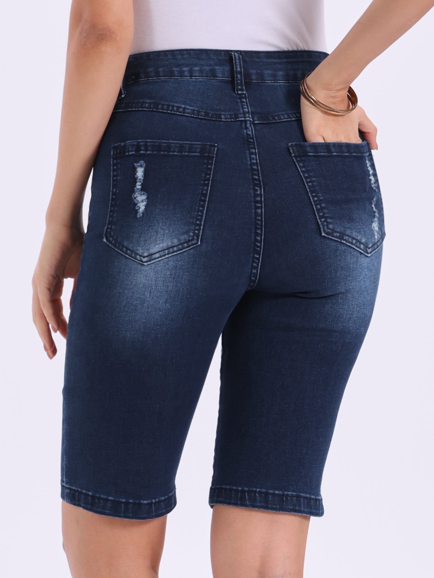 DARING DIVA Women's Casual Cuffed Hem Mid Rise Bermuda Denim Shorts L Dark Blue