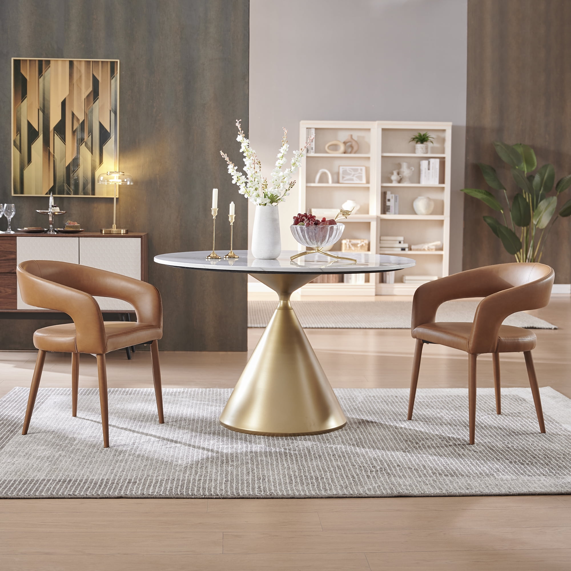 Morden Fort Leather Dining Chairs Set of 2,&nbsp;Easy Clean Barrel Chairs, Modern Upholstered Kitchen Armchair with Metal Frame & Round Back, Orange