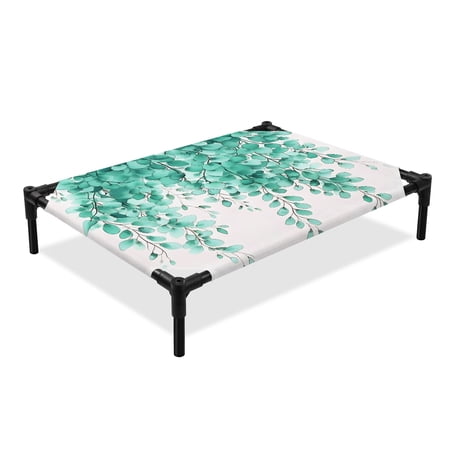 Spring Leaf Elevated Dog Bed Retro Watercolor Sage Green Eucalyptus Leaves Rustic Cooling Breathable Outdoor Raised Dog Cot Bed with Metal Frame Non-Slip Feet for Medium Dog 24x20in