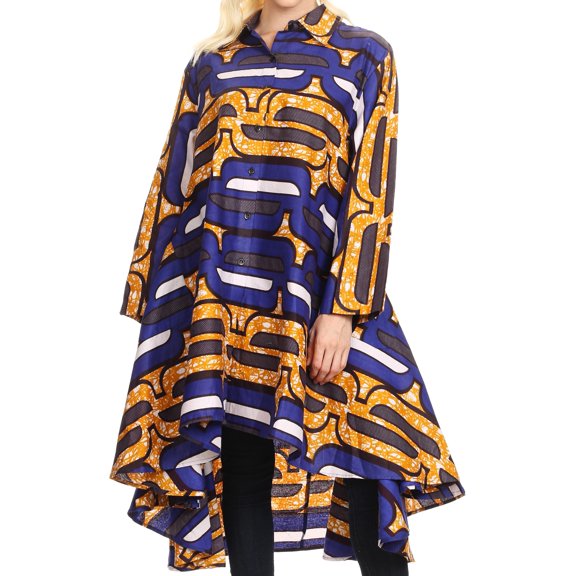 Sakkas Sol Womens Summer Swing Loose Dress African Print Roll up Sleeve Button - 418-Blue/yellow - One Size Regular