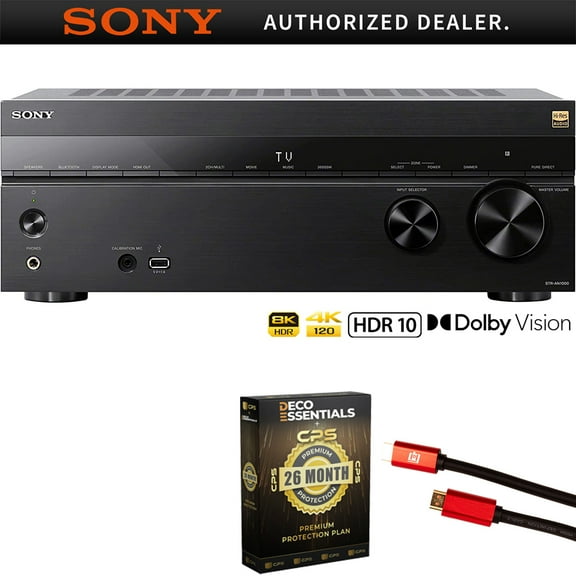 Sony STR-AN1000 7.2 Channel Home Theater 8K A/V Receiver Bundle with 4K HDMI Cable w/ Pure Copper Conductors & Deco Essentials CPS Exclusive 26 Month Protection Pack Bundle (BEACH-CPS-261000)