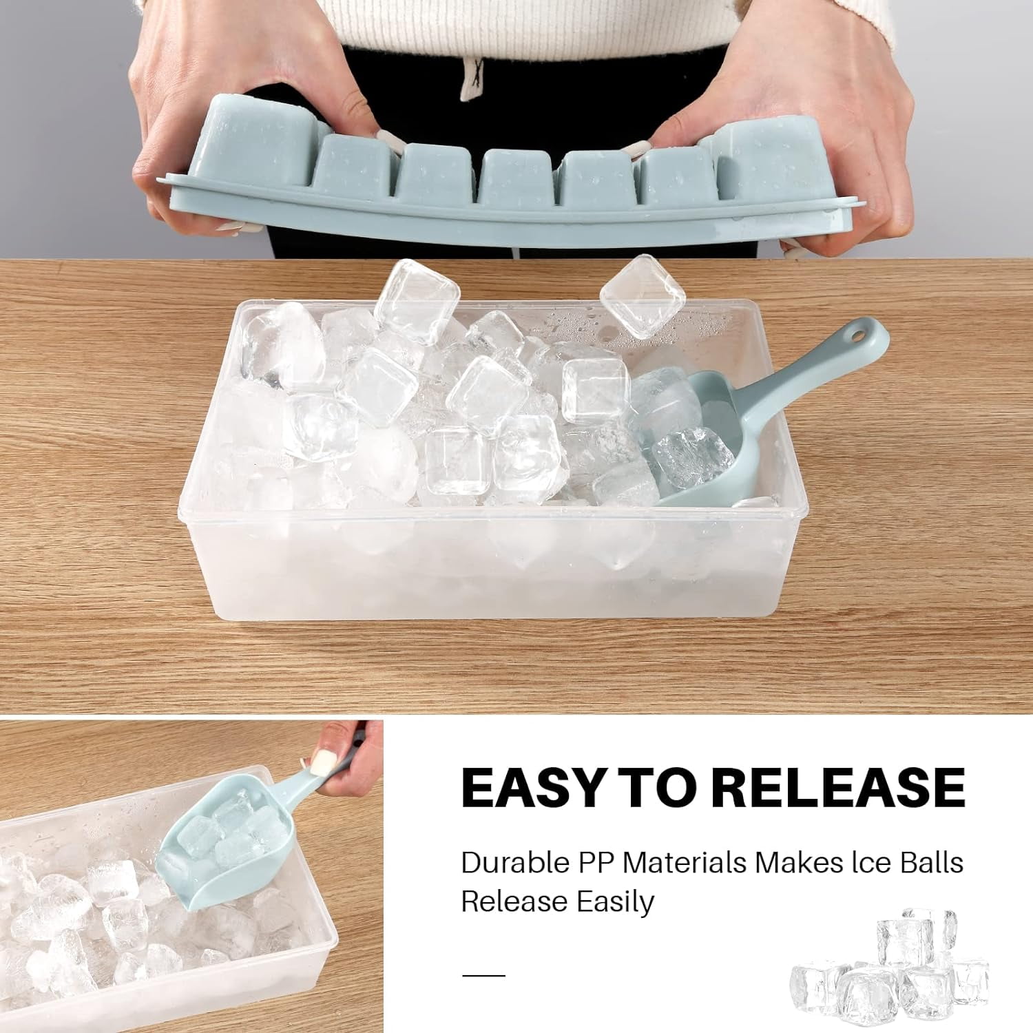 Ice Cube Tray with Lid and Freezer Storage Bin - Molds BPA Free Container | Scoop Easy Removable Bucket Large Mold Maker, Light Blue