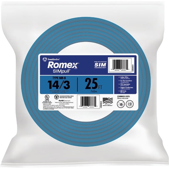 Southwire Romex 25 Ft. 14-3 Solid White NMW/G Electrical Wire, 63946921