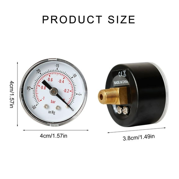 Acahhotxx Pressure Gauge, Vacuum Pressure Gauge 1/8" BSPT Back Mount 40mm 0/30" & 0/-1 Metal for Shell for Oil Water