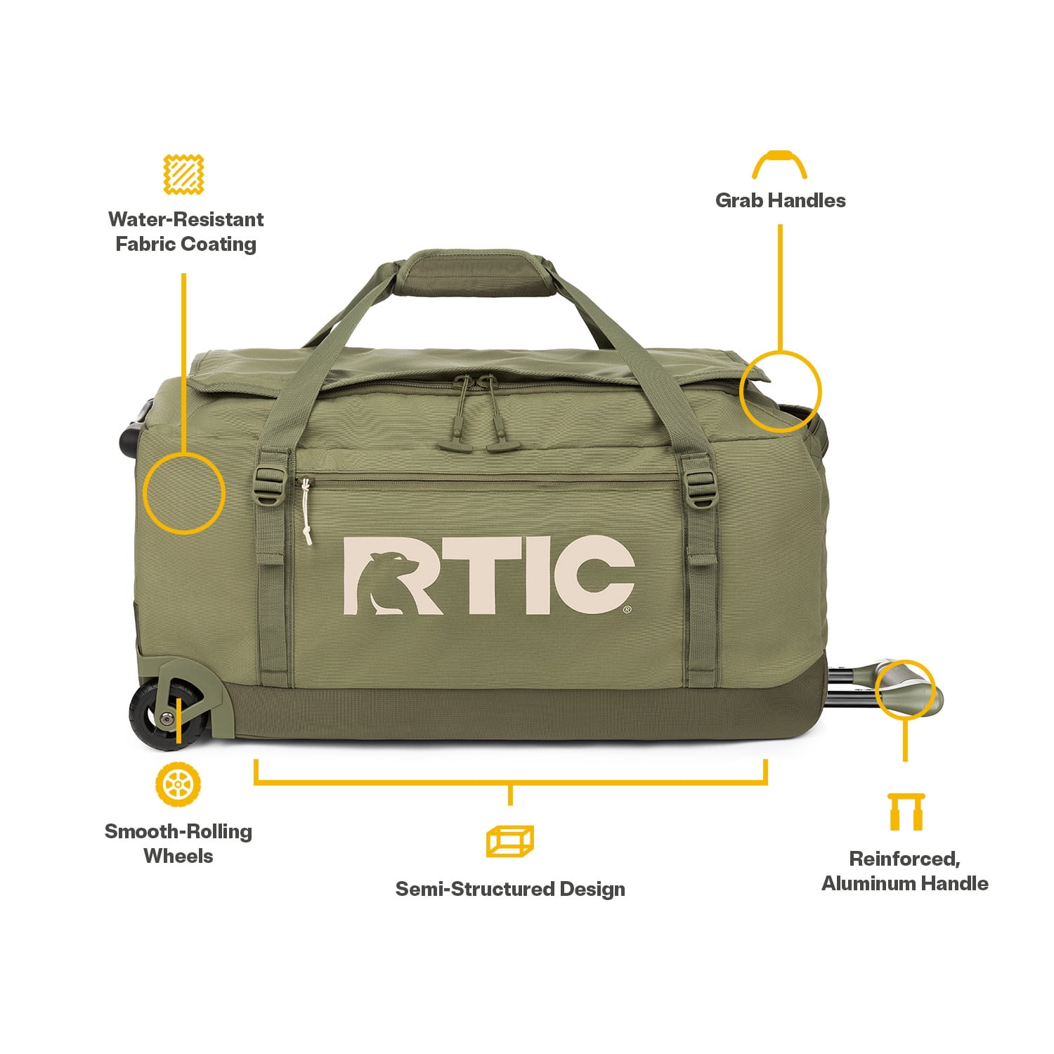 RTIC Road Trip Rolling Duffle Bag, Large, Water Resistant and Wheeled, Olive & Beach