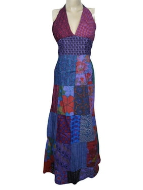 Mogul Womens Floral Halter Maxi Dress Cotton Summer Fashion Boho Chic Gypsy Sundress S/M