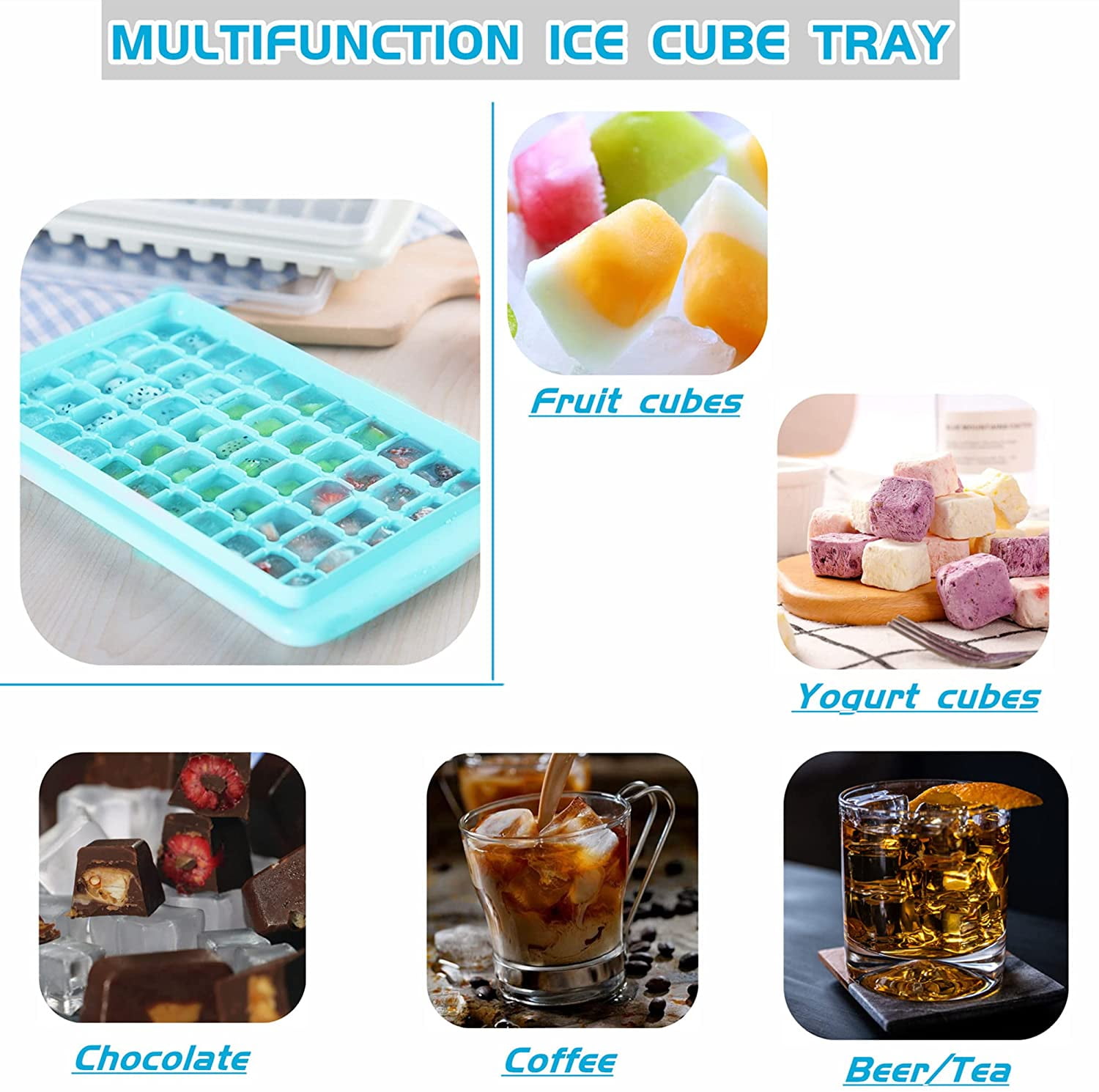 Ice Cube Tray with Lid and Bin for Freezer, Easy Release 36 Nugget Ice Tray with Cover, Storage Container, Scoop. Perfect Small Ice Cube Maker Tray & Mold. Flexable Durable Plastic, BPA Free (Green)