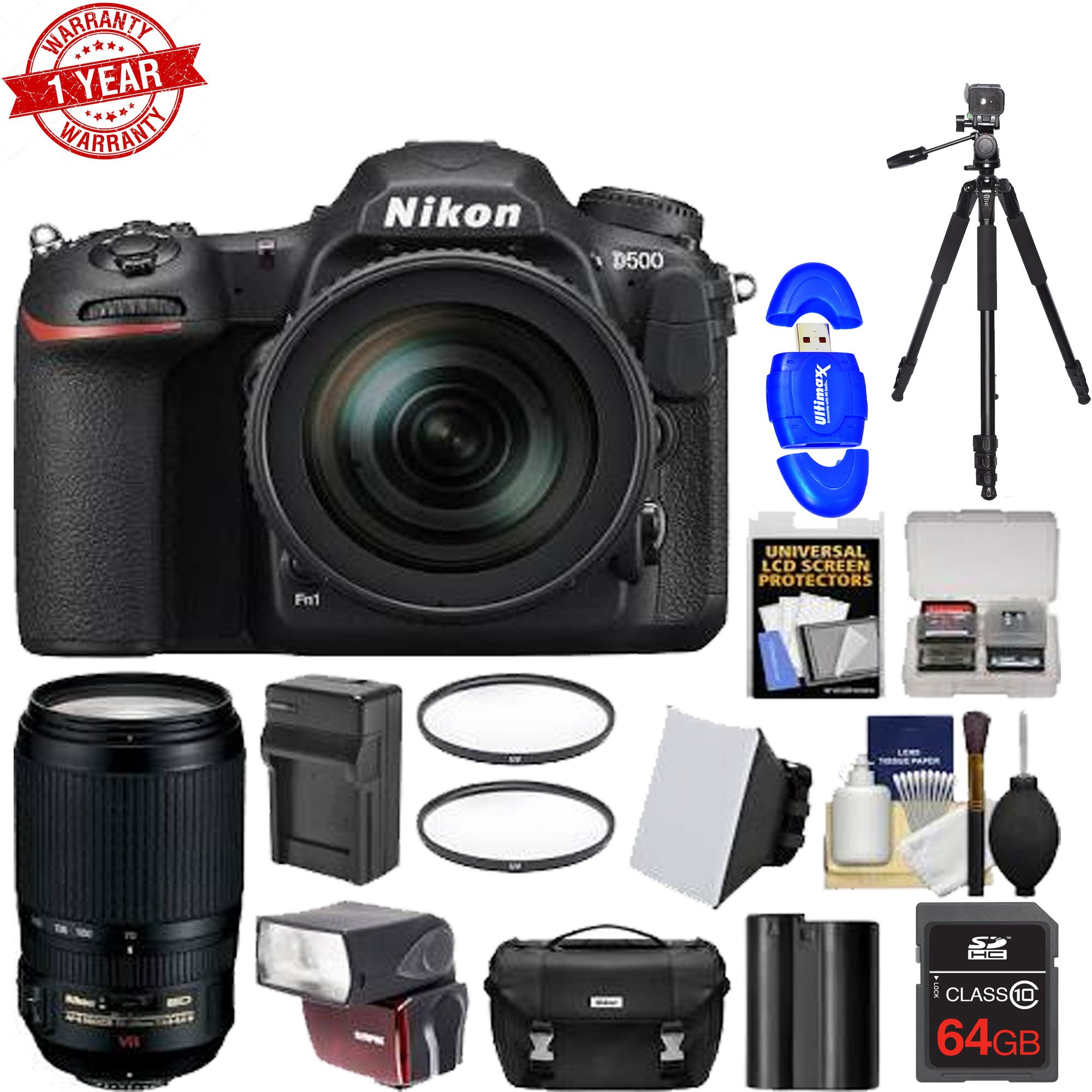 Nikon D500 Wi-Fi 4K Digital SLR Camera &amp;amp; 16-80mm VR Lens with 70-300mm VR Lens + 64GB Card + Case + Flash + Battery &amp;amp; Charger + More - image 1 of 1