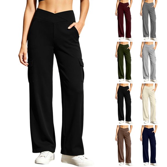 Smsaxvxz Wide Leg Yoga Pants for Women Casual Solid Cargo Workout Out Stretch Waist Pocket Yoga Gym Loose Pants Black XL