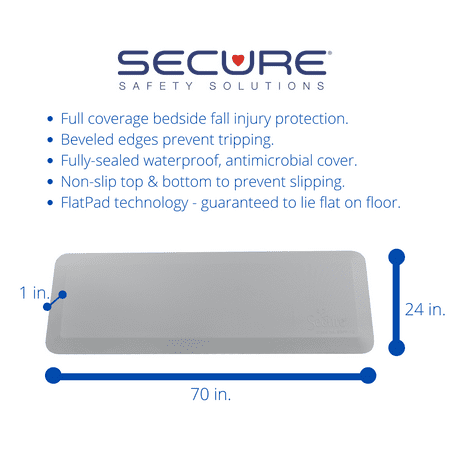 Secure FlatPad Bedside Fall Protection Safety Floor Mat with Beveled Edges - Elderly Seniors Handicap Injury Prevention and Caregiver Anti Fatigue Pad - Waterproof Non Slip Cover (70" x 24" x 1")