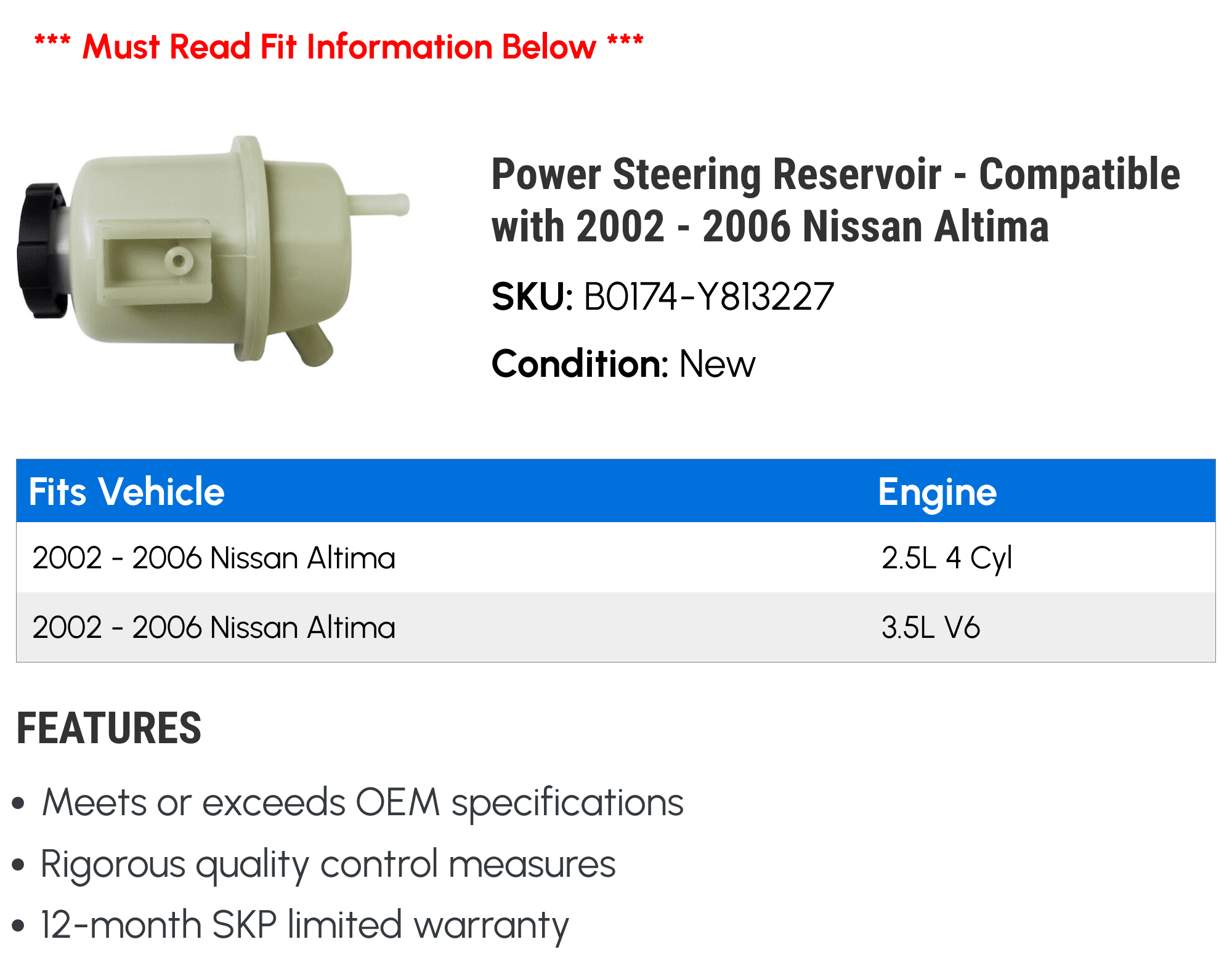 Power Steering Reservoir - Compatible with 2002 - 2006 Nissan Altima 2003 2004 2005