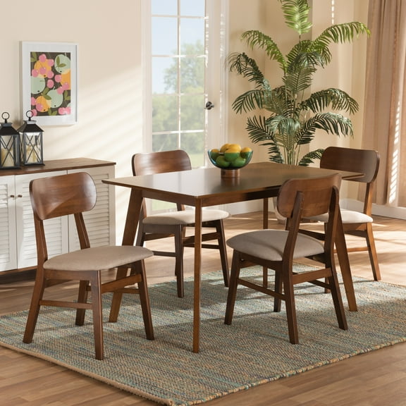 Baxton Studio Euclid Mid-Century Modern Sand Fabric Upholstered and Walnut Brown Finished Wood 5-Piece Dining Set
