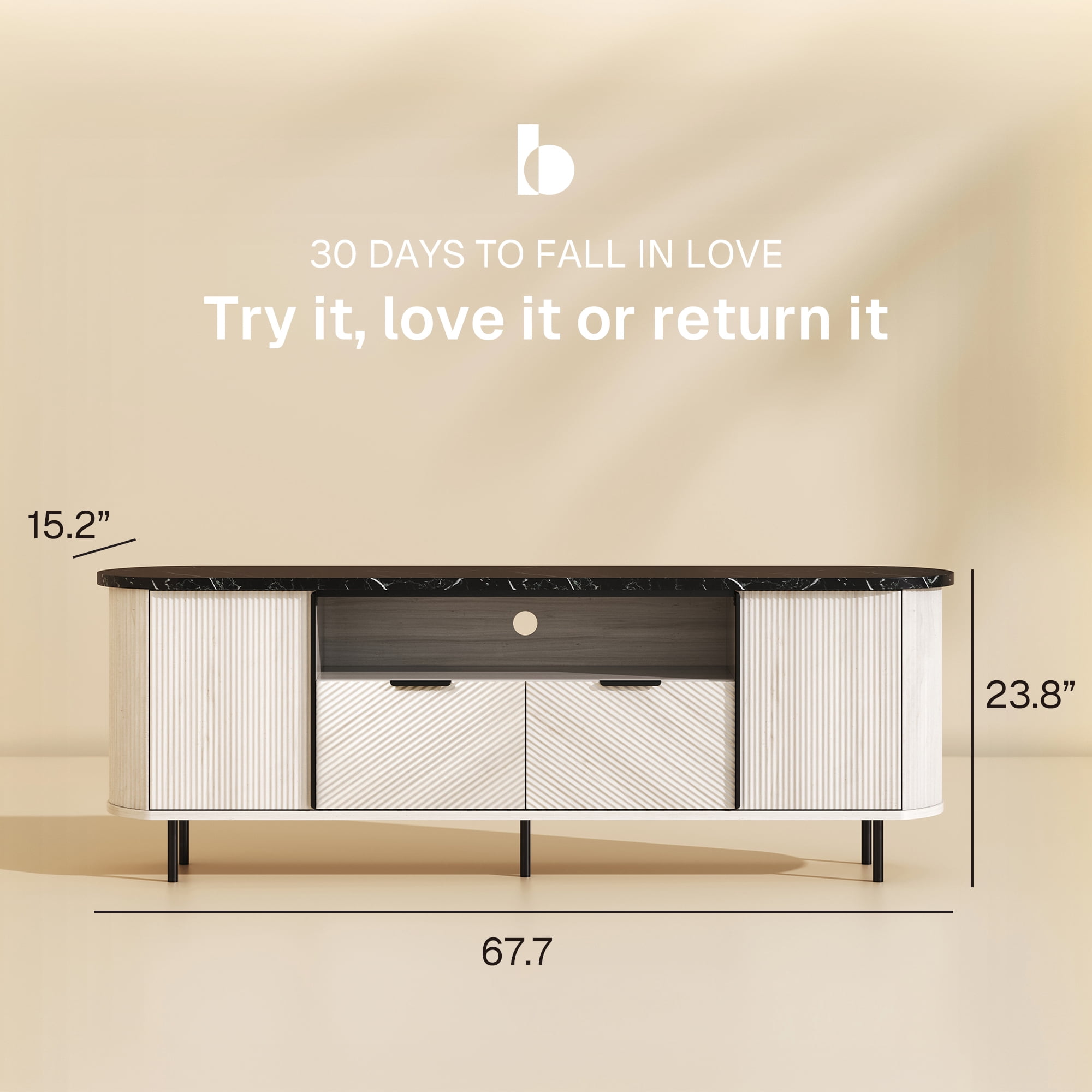 BELLEZE 68 inch Fluted TV Stand With Marble-Look Panel, Modern Chic Entertainment Center With Storage For TVs Up to 75 inch, Media Console Tv Cabinet For Living Room (White Sand)
