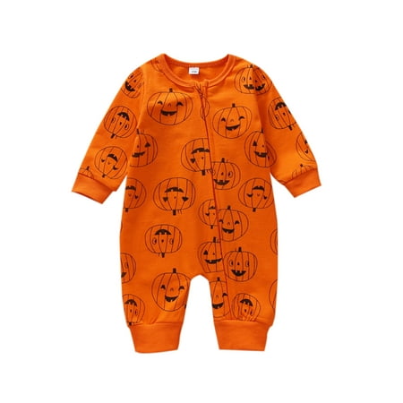 

Gueuusu Newborn Long Sleeve Jumpsuit Halloween Pumpkins Printed Round Neck Front Oblique Zipper Closure Casual Wear Bodysuit