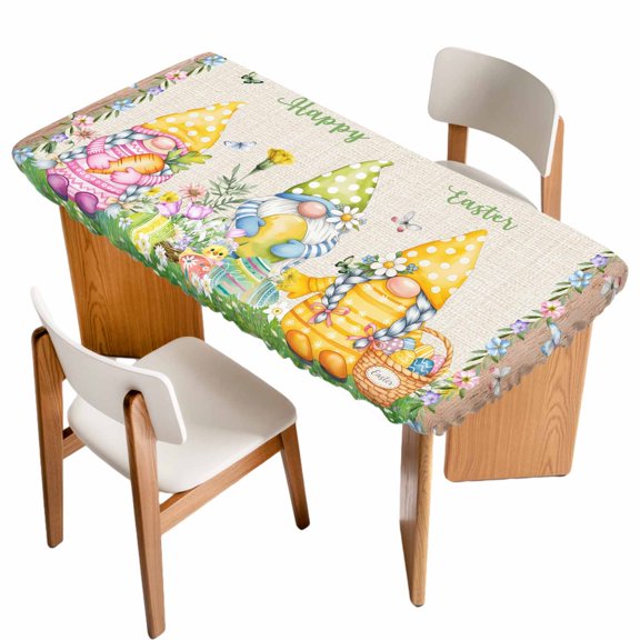 Easter Table Cloths for 6 Foot Rectangle Tables, Rustic Gnomes Duck Floral Colorful Eggs Wooden Grain Patio Waterproof Elastic Fitted Tablecloths, Washable Rectangular Table Cover for Camping