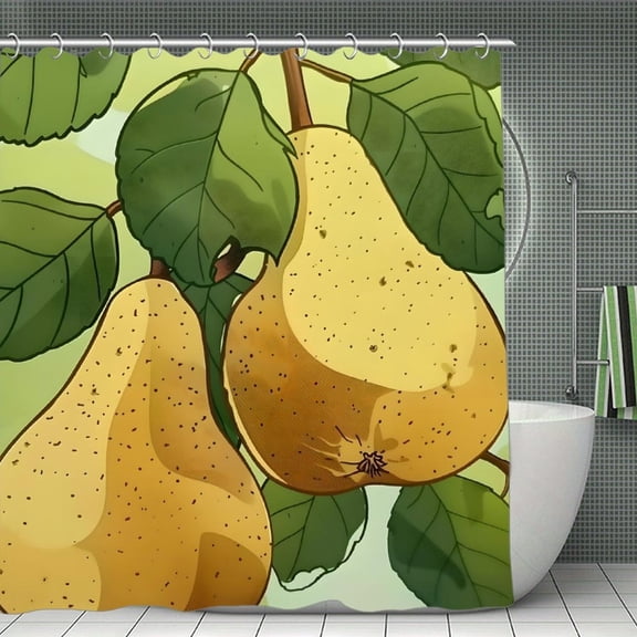 Pear Fruit Leaves Print Shower Curtain,Modern Fabric Waterproof Shower Curtain Set with Hooks,70.8×70.8Inch