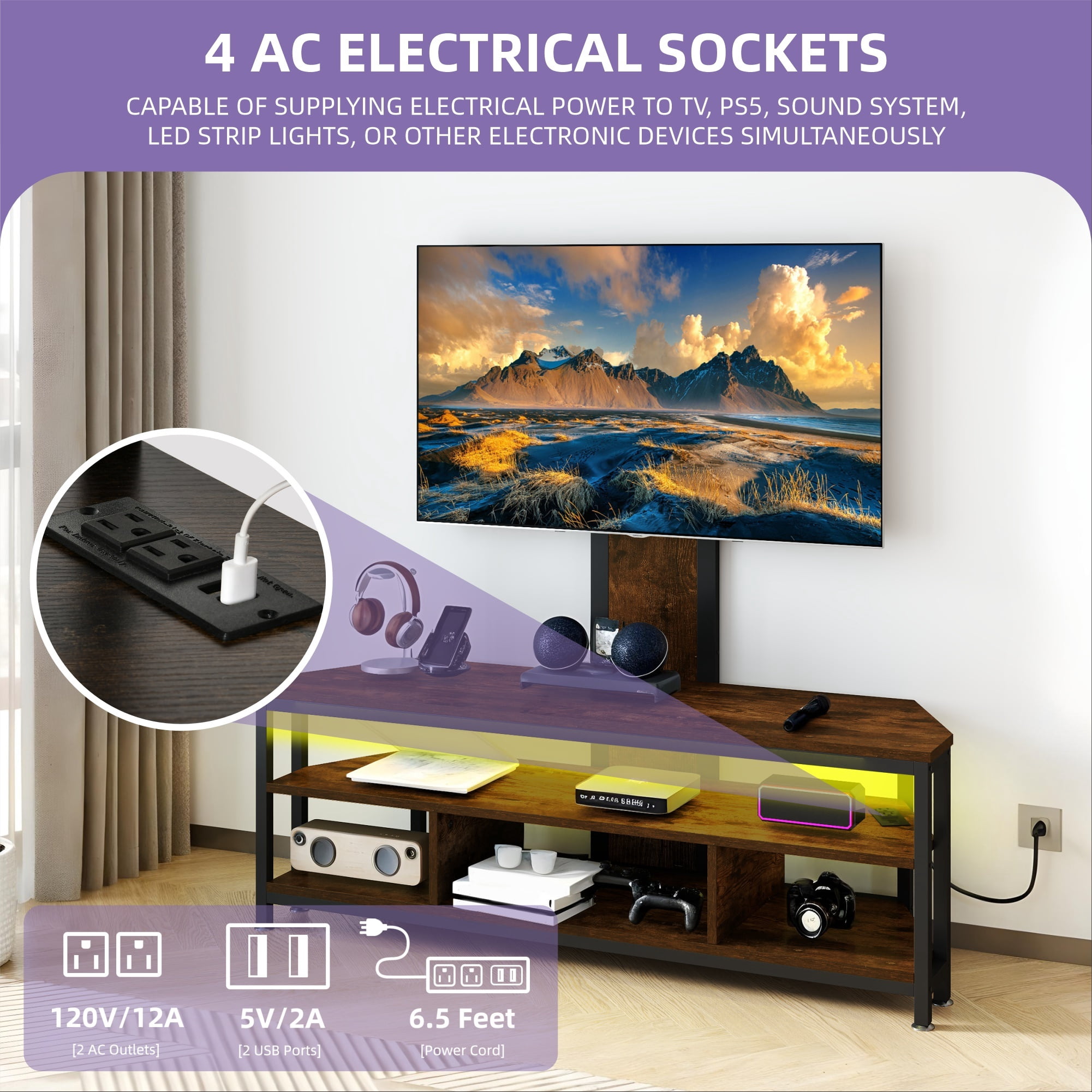 Uforic Height Adjustable TV Stand Mount with Power Outlet with LED Lights for TVs up to 70 inches, Brown