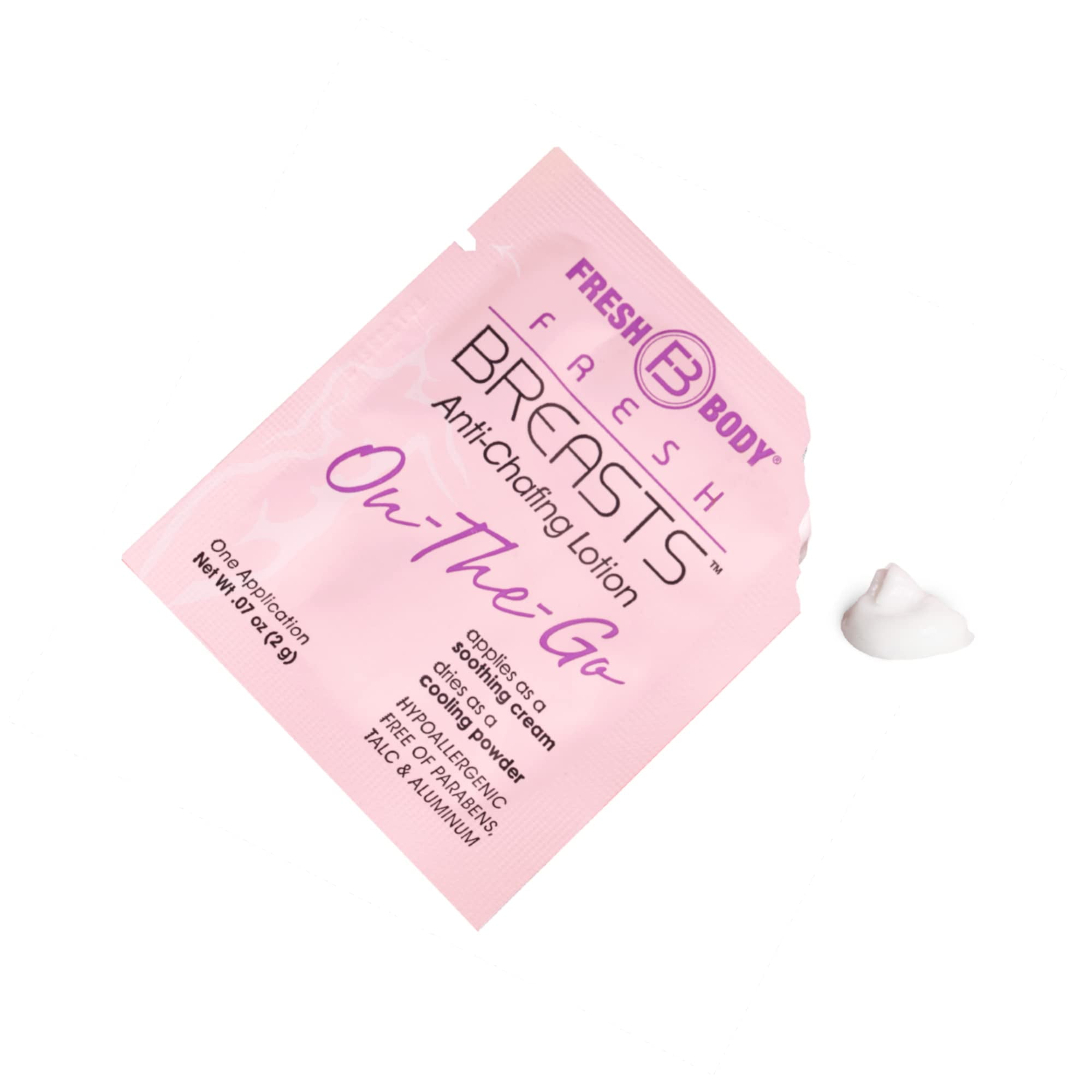 Fresh Body FB - Fresh Breasts Anti-Chafing Lotion, 3.4 FL Oz and 0.07 Fl Oz  On-The-Go Travel Size Packet (15 Pack) - Soothing Lotion to Powder for  Women - Aluminum-Free, Talc-Free 