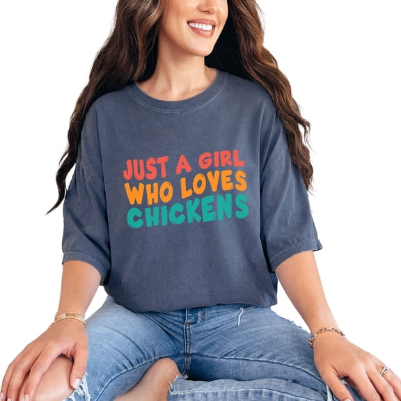 Just a Girl Who Loves Chicken, Girls Who Love Chickens Themed, Groovy Retro Wavy Text, Denim Comfort Colors T-Shirt, Small