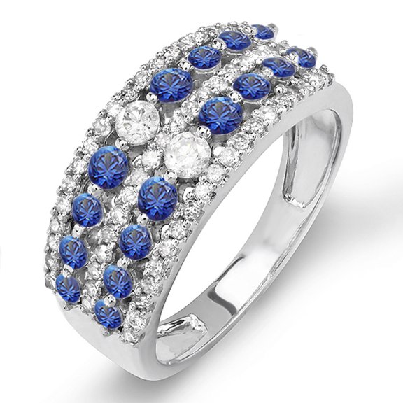 Dazzlingrock Collection 18K Round Blue Sapphire And White Diamond Ladies Anniversary Wedding Band Ring, White Gold, Size 8