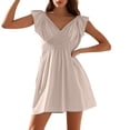 thumbnail image 2 of Kaemgyyd Summer Dresses for Women Smocked V Neck Casual Beach Cover up Dress Cap Sleeve High Waist Flowy Mini Dress, 2 of 7