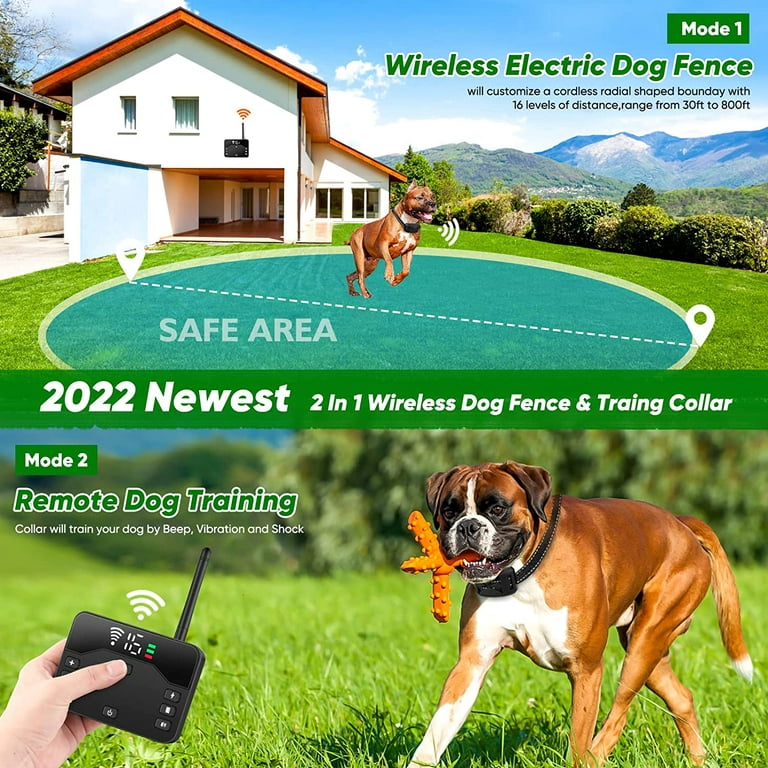 Outdoor Wireless Dog Fence, 2023 Electric Fence for 2 Dogs Shocks Training  Collar Remote 2-in-1,Wireless Pet Containment System with Adjustable