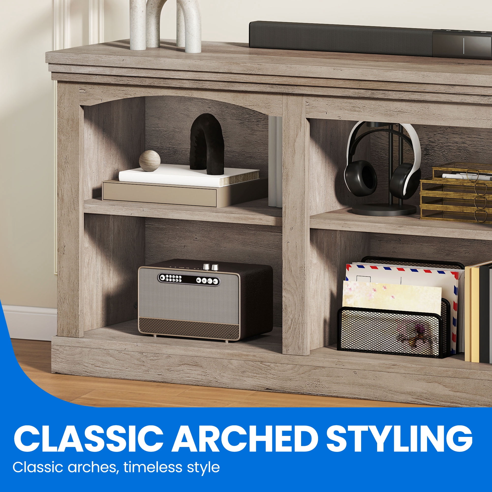 Uforic TV Stand for 80 Inches TV, Farmhouse Entertainment Center with Adjustable Shelf & Storage Cabinets, Washed Gray