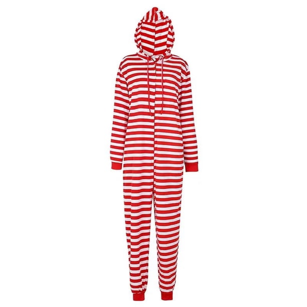 Pijamas navideños de talla grande para parejas, monos a rayas rojas y blancas para adultos con mono con cremallera, ropa de dormir con capucha