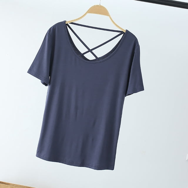 Womens Solid Round Neck Short Sleeved Strap Backless Top Short Sleeved Round Neck Top/shirt