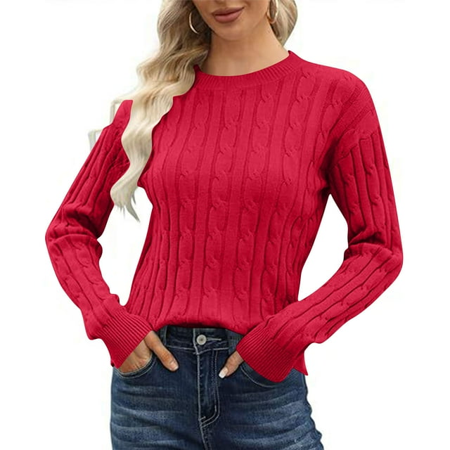 Chandails Classiques en Tricot Torsadé pour Femmes Manches Longues Léger Doux Chandail Décontracté Chic Automne Basique Rouge, P