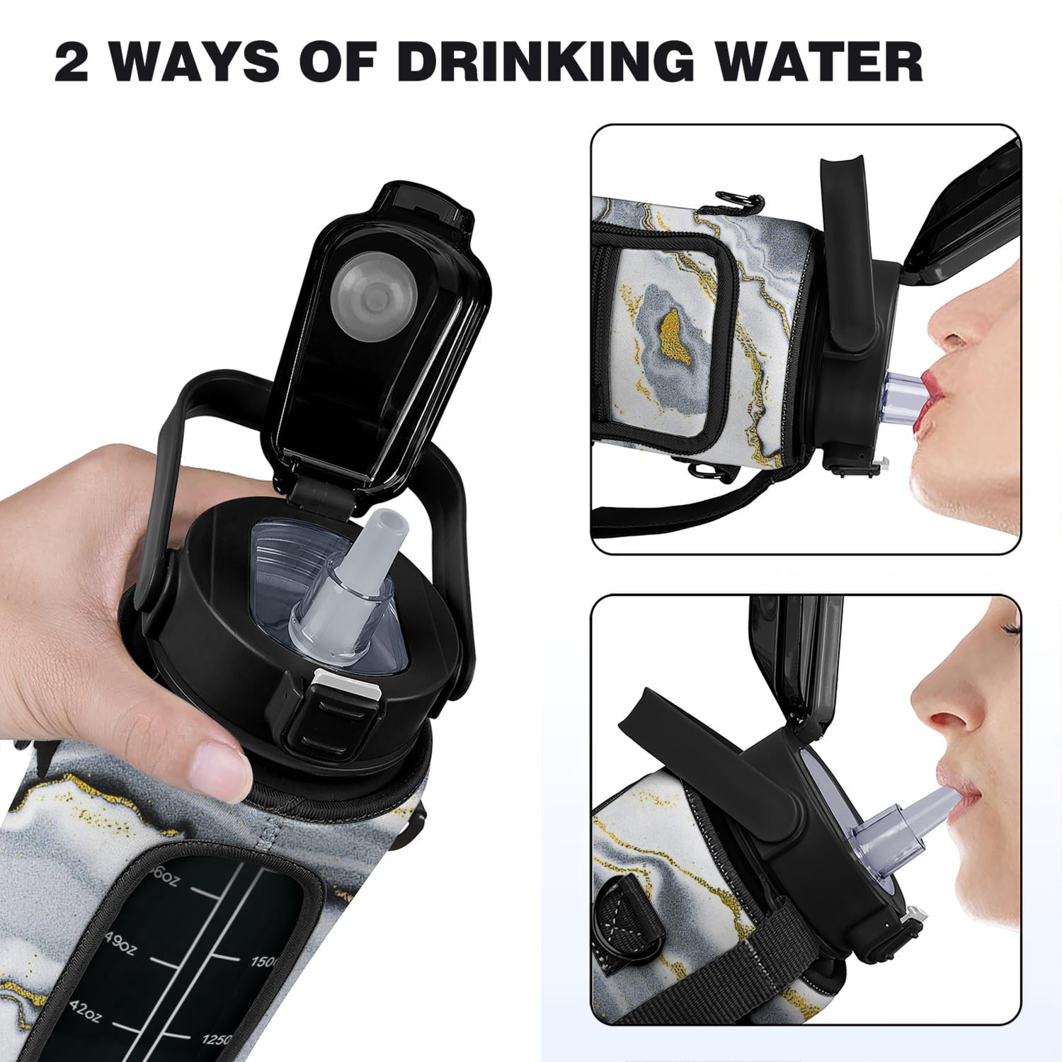 Gray&gold Marble 64 Oz Half Gallon Water Bottle with Sleeve BPA Free Leakproof Sport Large Plastic Water Bottle with Straw &Time Marker & Insulated Neoprene Holder Carrier Bagt Gift for Women Men