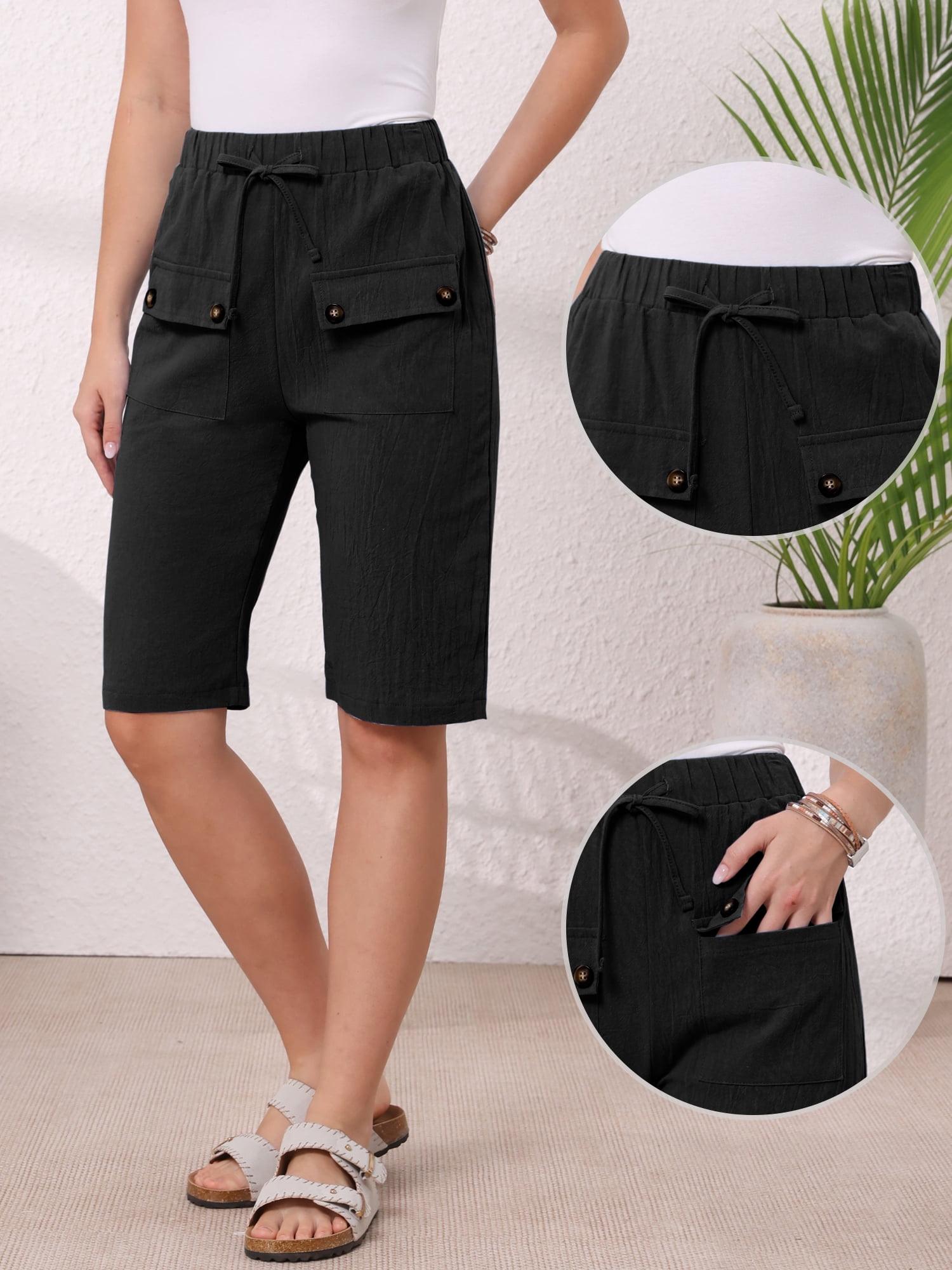DARING DIVA Women's Elastic Waist Drawstring Shorts with Pockets Large Black