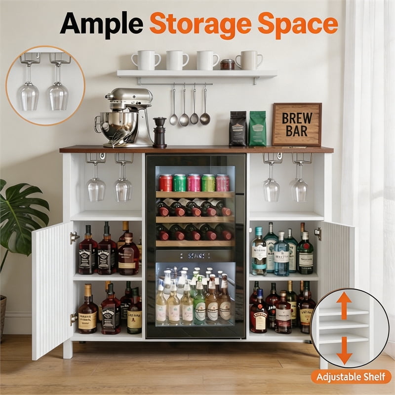53" White Engineered Wood Coffee Bar Cabinet with Mini Fridge Space & Power