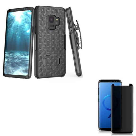 Galaxy S9 Tempered Glass Privacy Screen Protector w Holster Case Belt Clip - Curved Anti-Spy Anti-Peep, Swivel Cover Kickstand for Samsung Galaxy S9