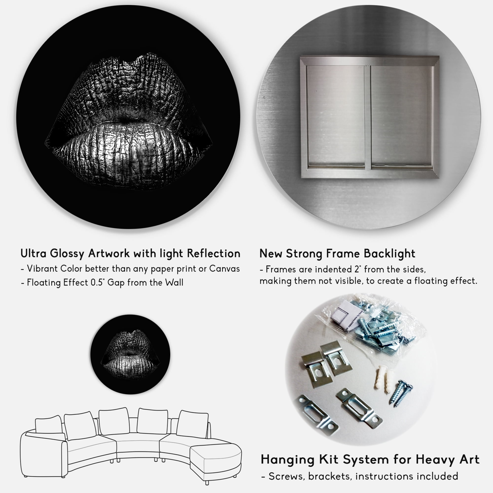 Designart 'Sexy Golden Metallized Woman Lips I' Modern Circle Metal Wall Art 23x23 - Disc of 23
