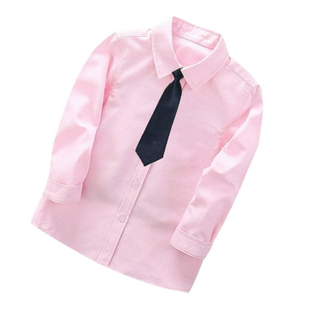 Fesfesfes Boys Casual Dress Shirt Fashion Long Sleeve Blouse Solid Color Gentleman s Button Down School Uniform Shirt(Pink#2 8-9 Years)