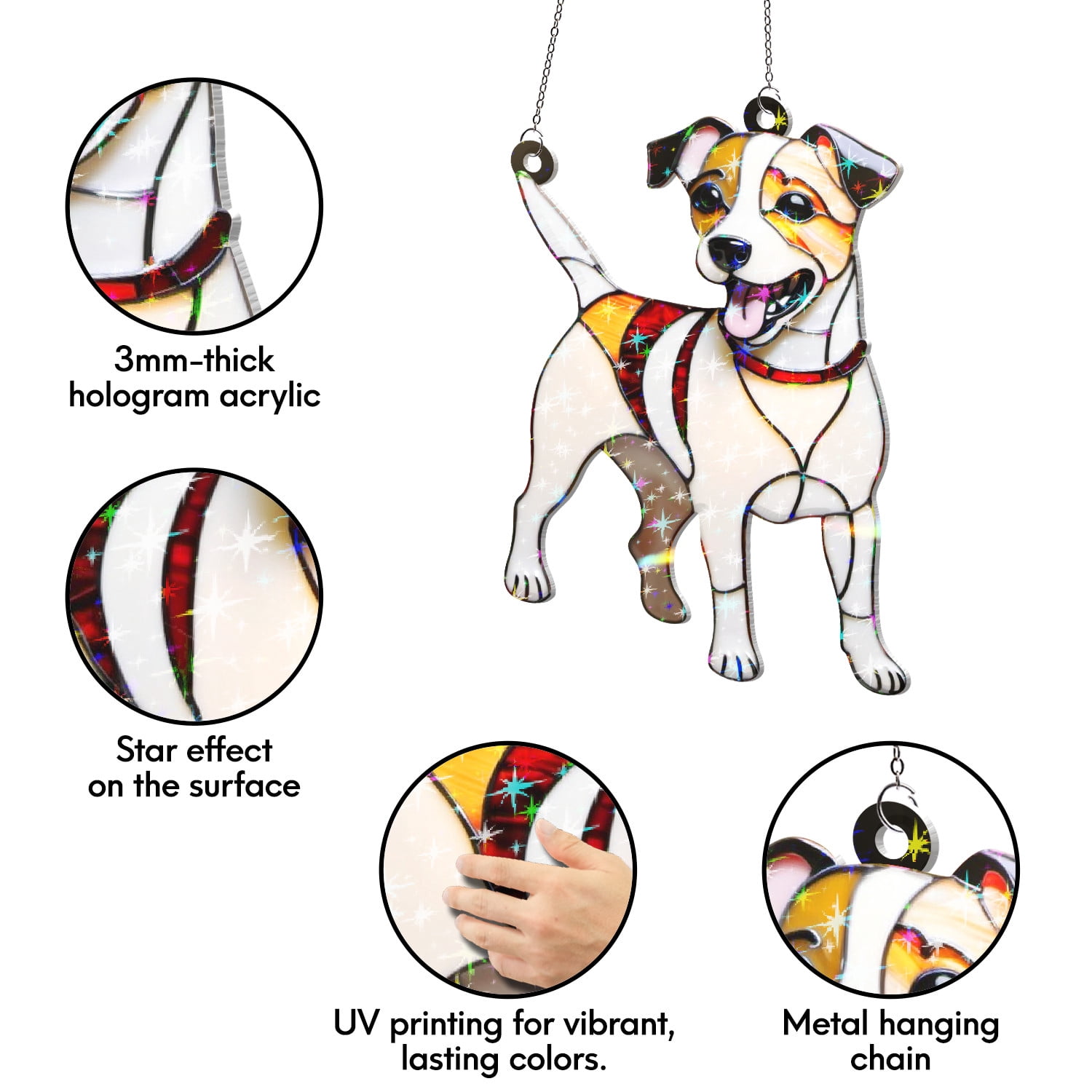89Bloom Jack Russell Terrier Stained Glass Hologram Ornament, Dog Stained Glass Suncatcher Ornaments Home Decor, Dog Holographic Ornaments