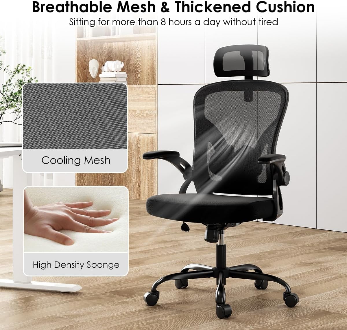 Farini Ergonomic Office Chair, Home Office Desk Chair with Headrest, High Back Computer Chair with Armrests and Adjustable Lumbar Support.for Home Office Study Room Bedroom, Black & Black