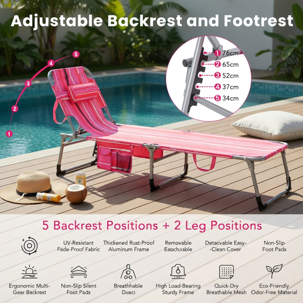 Hommoo Premium Foldable Beach Lounge Chair with Removable Pillow, Adjustable Reclining Outdoor Lounger for Beach, Pool & Patio, Pink
